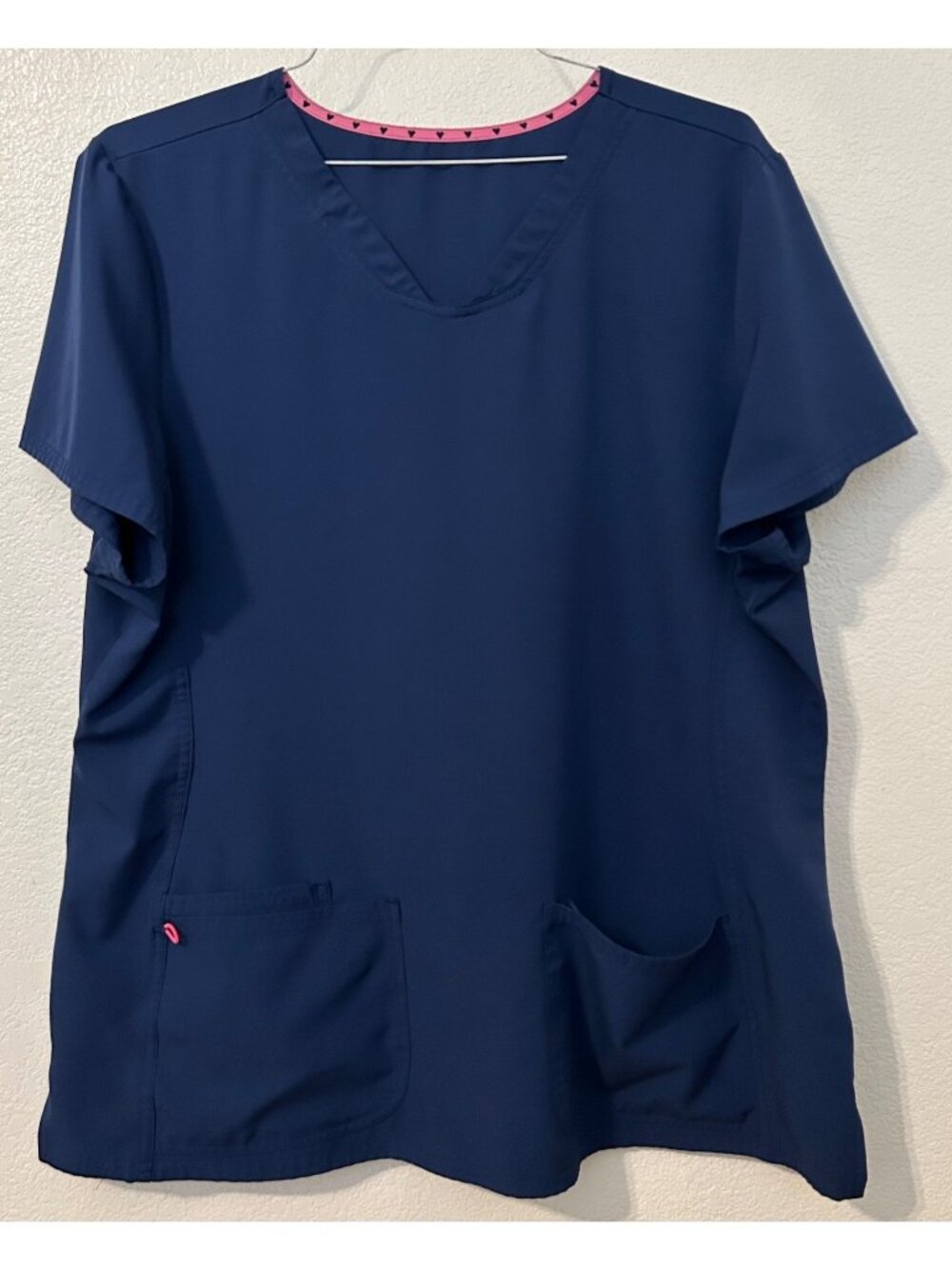 Navy Blue Women's Medical Scrub Top 2XL V-Neck Short Sleeve Pockets Some Stretch